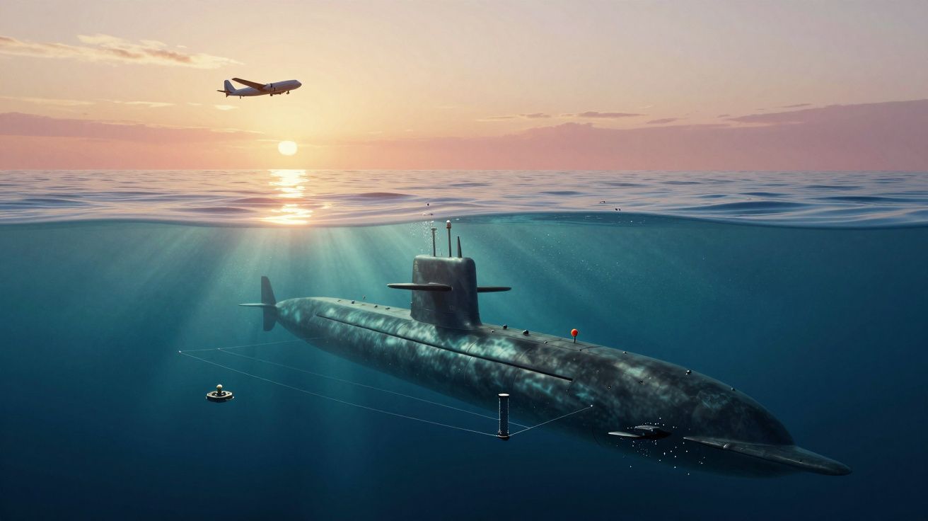 Submarino militar submerso com avião a voar ao pôr do sol sobre o oceano calmo.