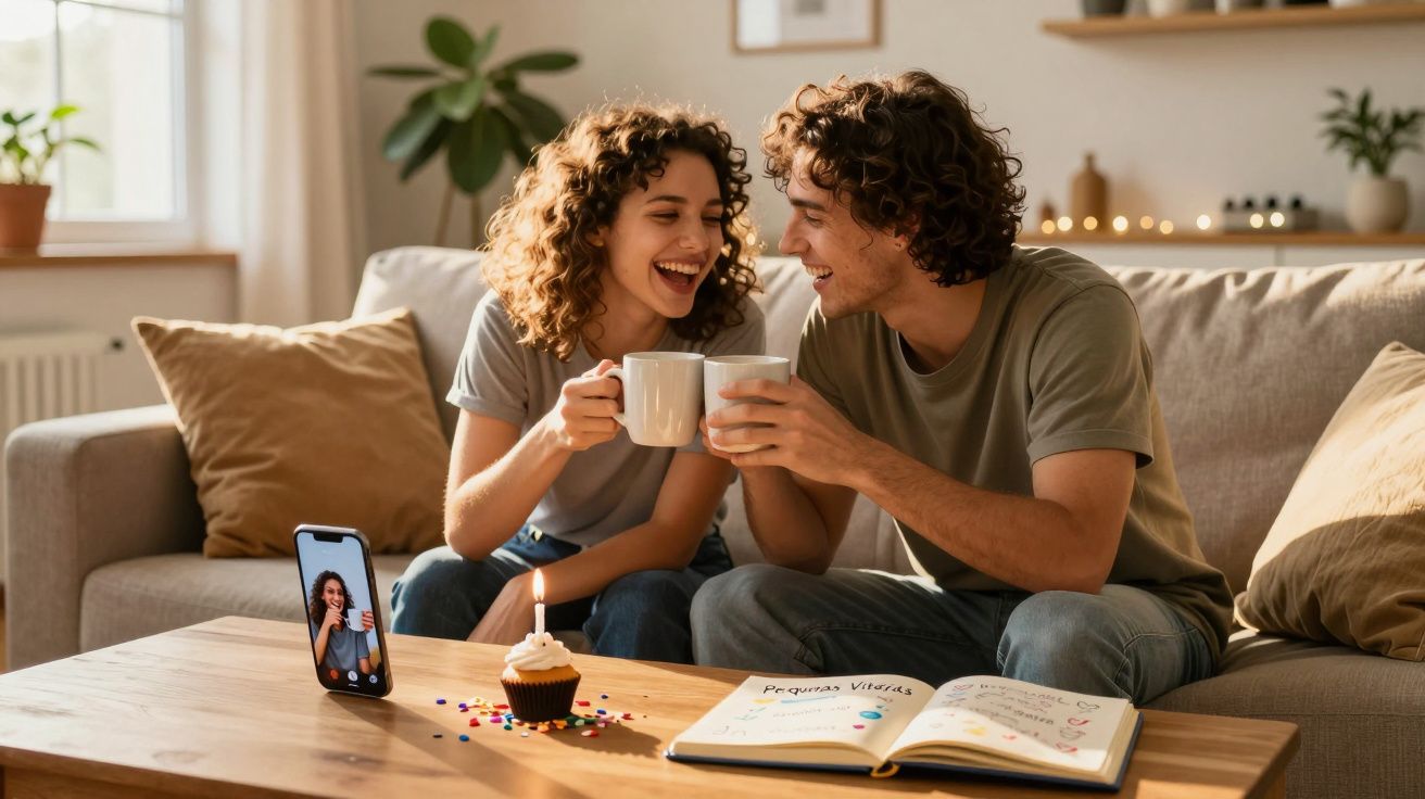 Casal sentado no sofá brinda com canecas enquanto fazem videochamada, com cupcake e caderno na mesa.