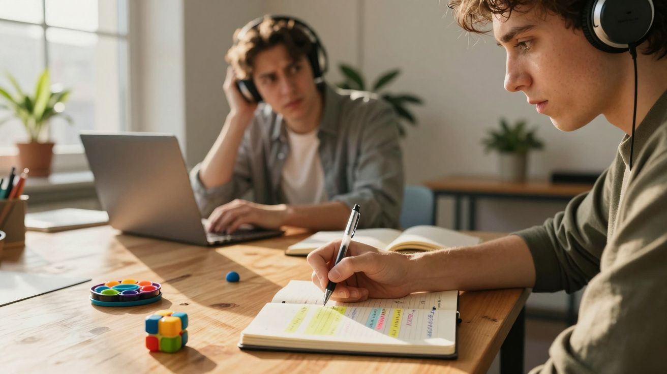 Dois jovens com auscultadores estudam juntos, um escreve num caderno e o outro usa um portátil numa mesa de madeira.