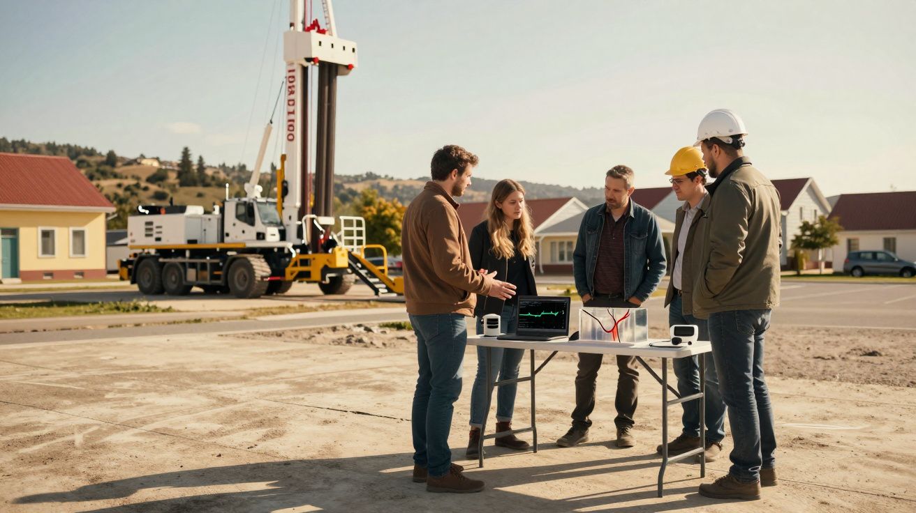 Cinco profissionais de construção discutem projeto na obra com equipamento e computador portátil sobre mesa dobrável.