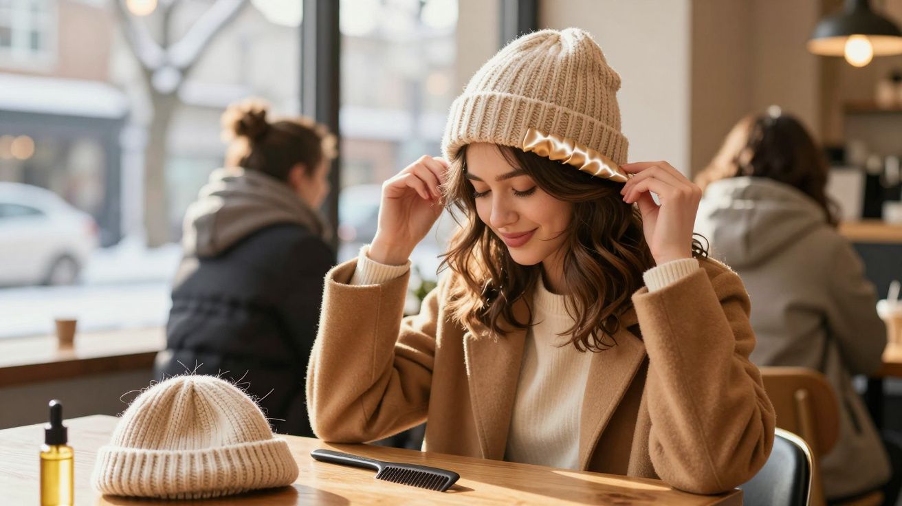 Jovem com casaco castanho e gorro bege sentada numa cafeteria a ajustar o gorro com um pente e outro gorro na mesa.