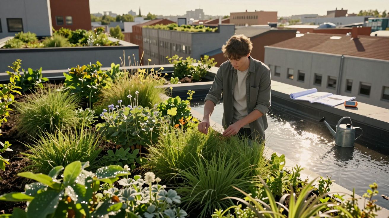 Jovem a cuidar de plantas numa horta urbana no terraço de um edifício numa cidade ensolarada.