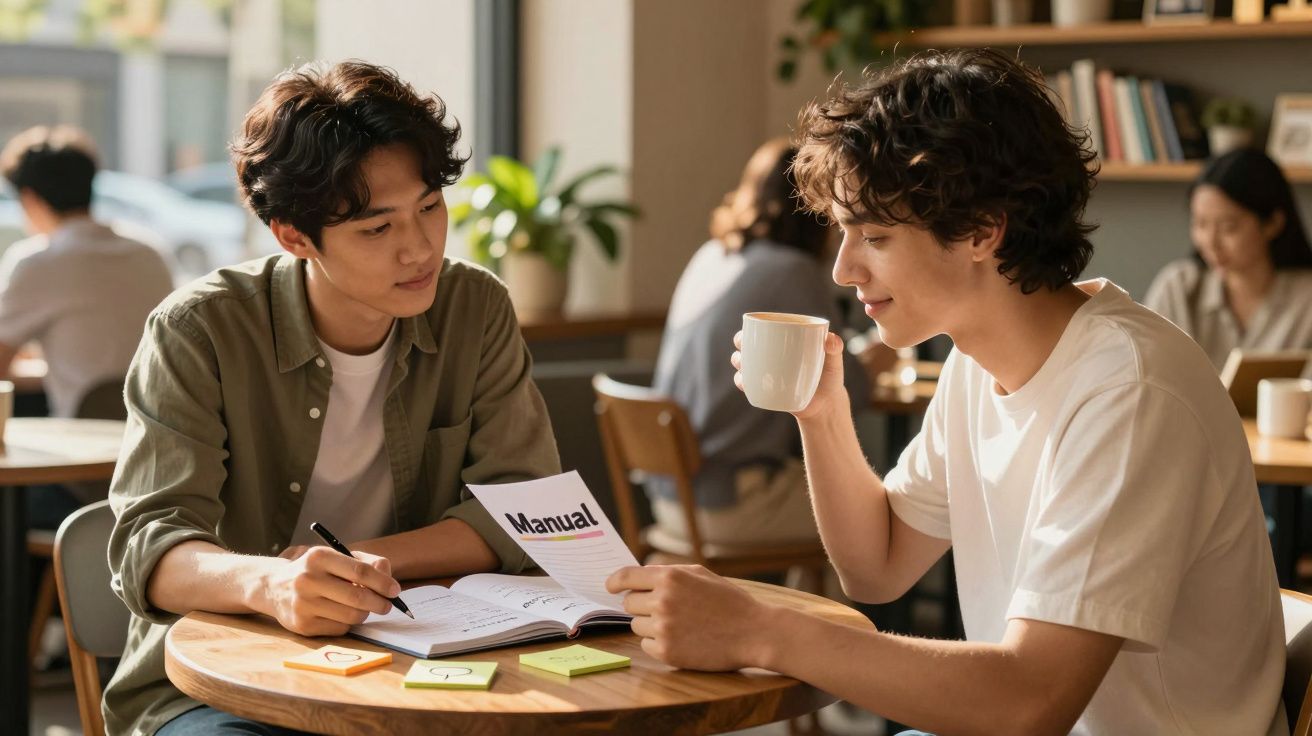 Dois jovens sentados num café a estudar e a beber café, com livros e notas sobre a mesa.