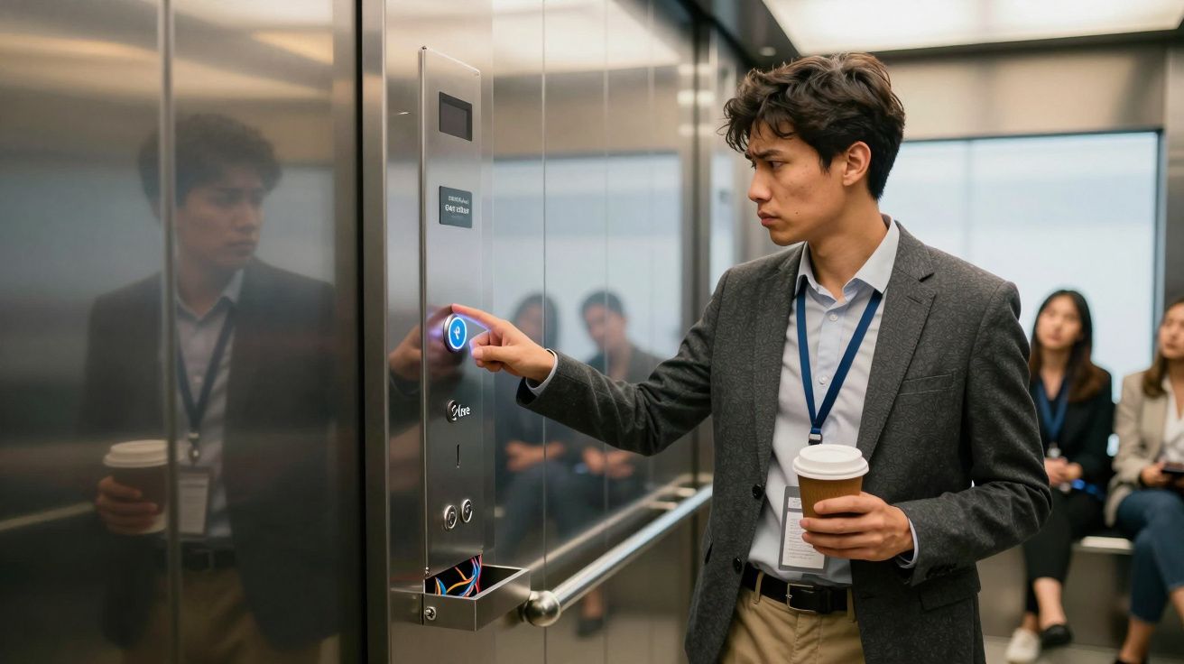 Homem com casaco e crachá pressiona botão do elevador segurando um copo de café, com pessoas ao fundo.