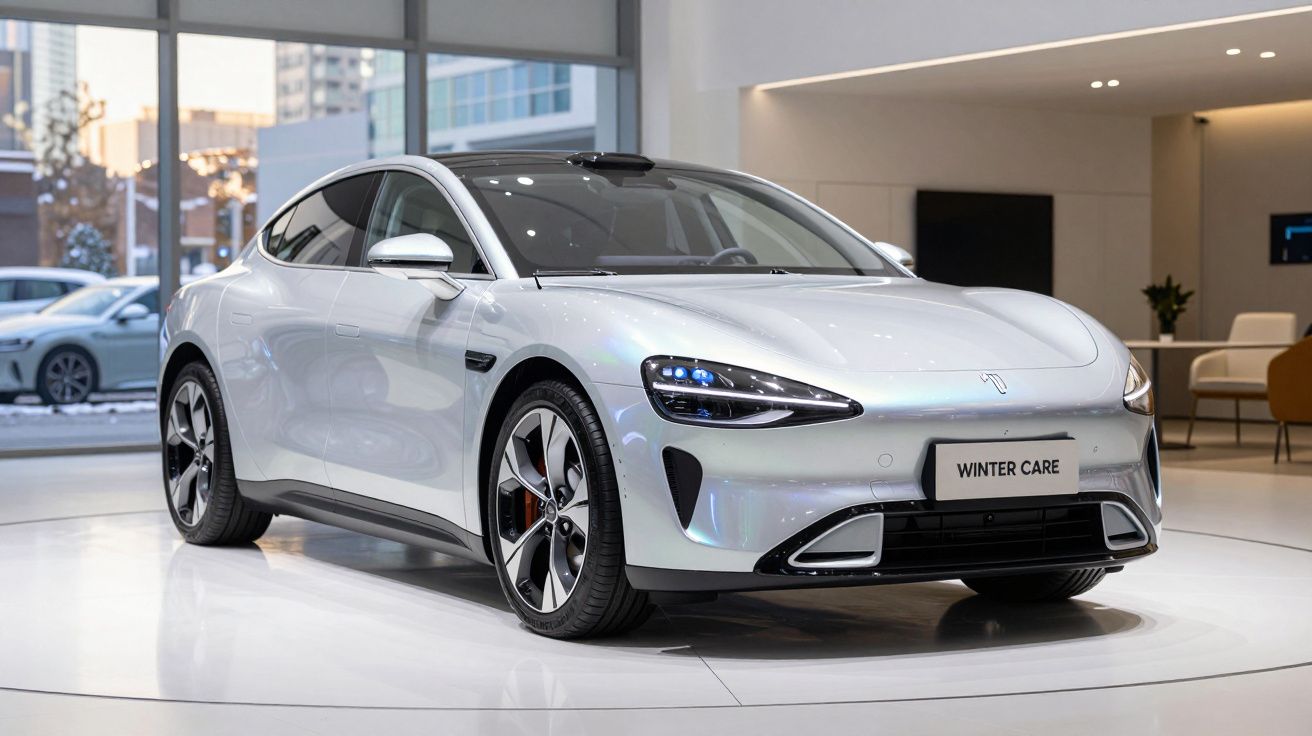 Carro elétrico moderno branco estacionado em showroom com iluminação natural e urbana ao fundo.