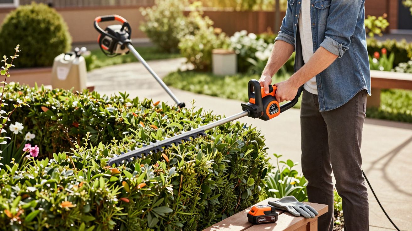 Pessoa a aparar sebes com uma tesoura elétrica num jardim bem cuidado com flores e relva.