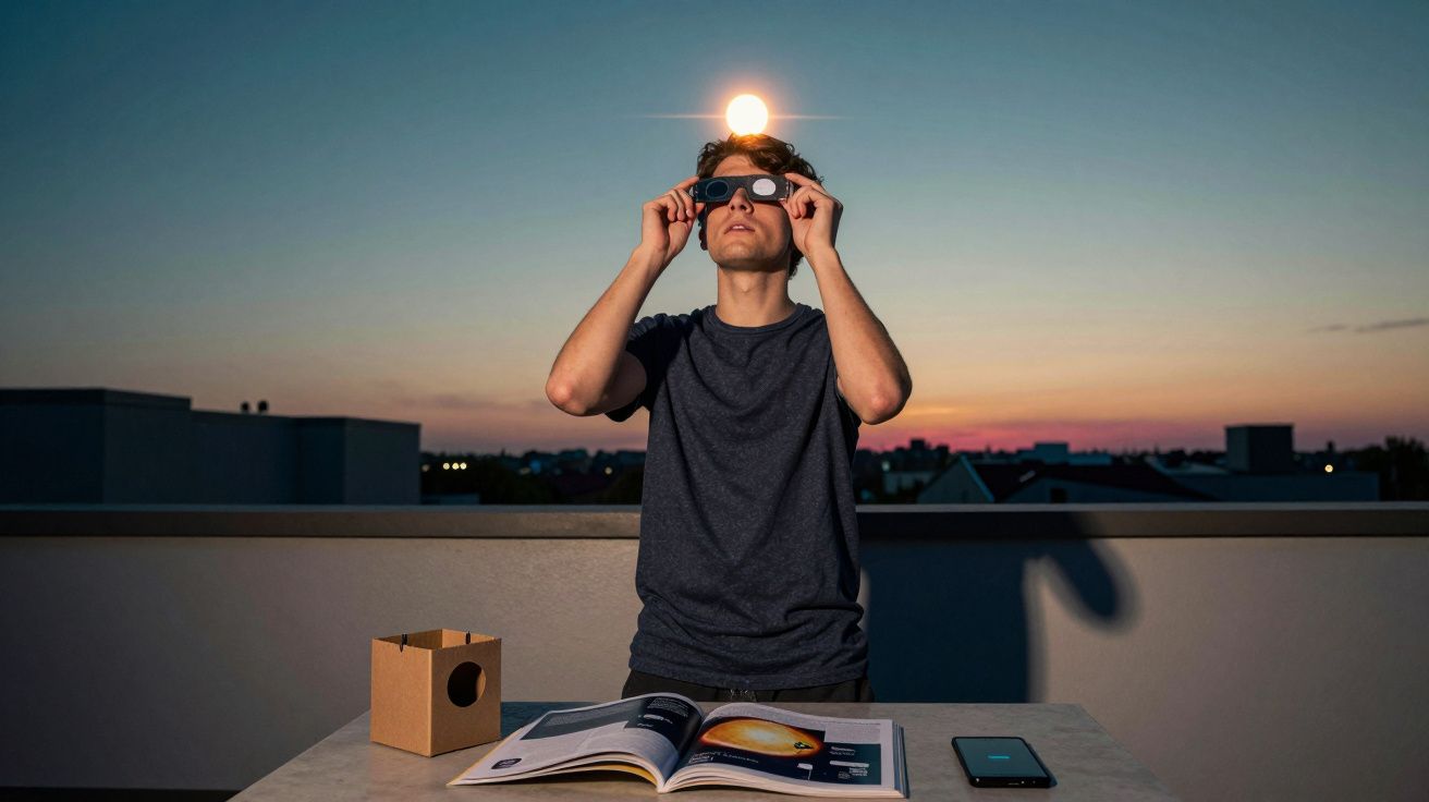 Homem jovem observa eclipse solar com óculos especiais ao pôr do sol numa varanda com livros e telemóvel.