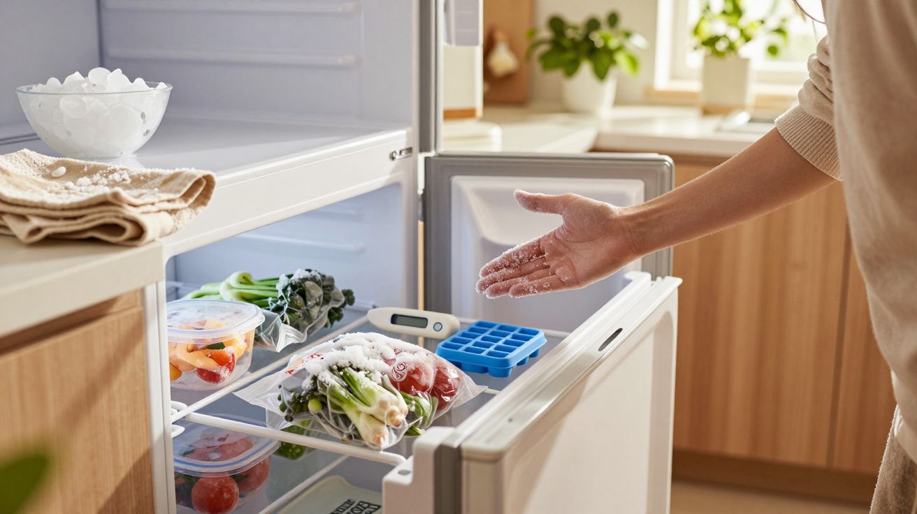 Pessoa a verificar mau cheiro em vegetais congelados num congelador aberto na cozinha.