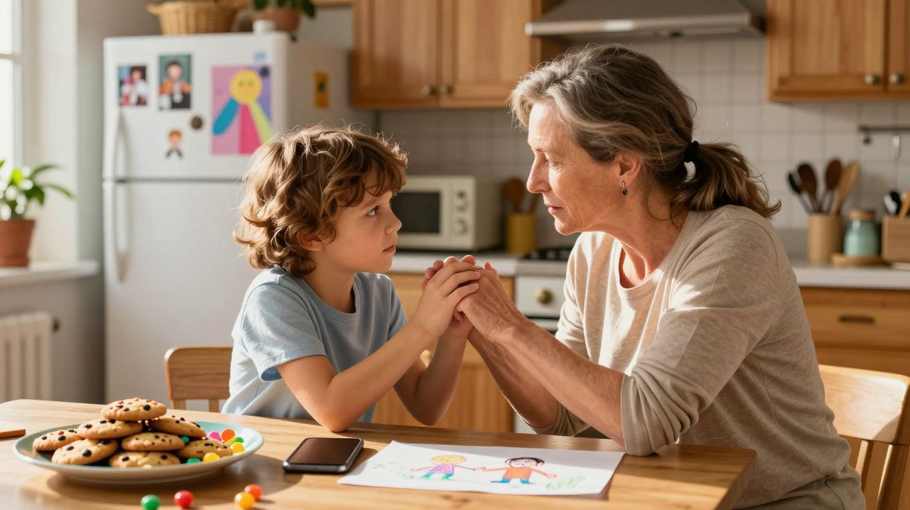 Avó e neto sentados à mesa da cozinha, de mãos dadas e olhando-se com ternura.