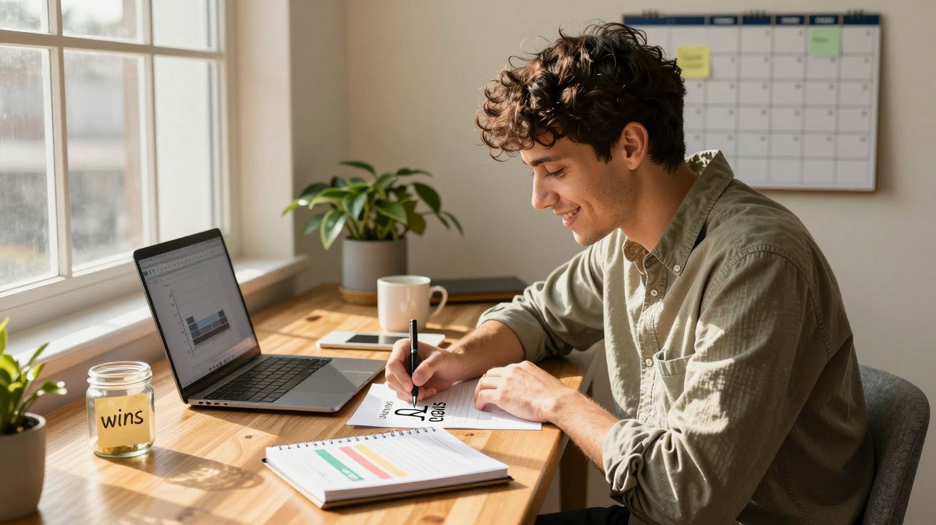 Jovem sentado a sorrir enquanto escreve numa folha na secretária junto a computador portátil e plantas.