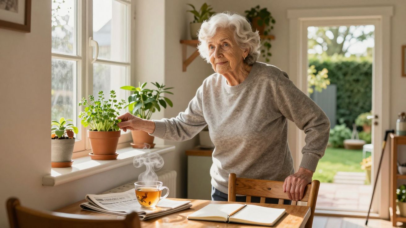Idosa a cuidar de plantas perto da janela numa cozinha iluminada e acolhedora.