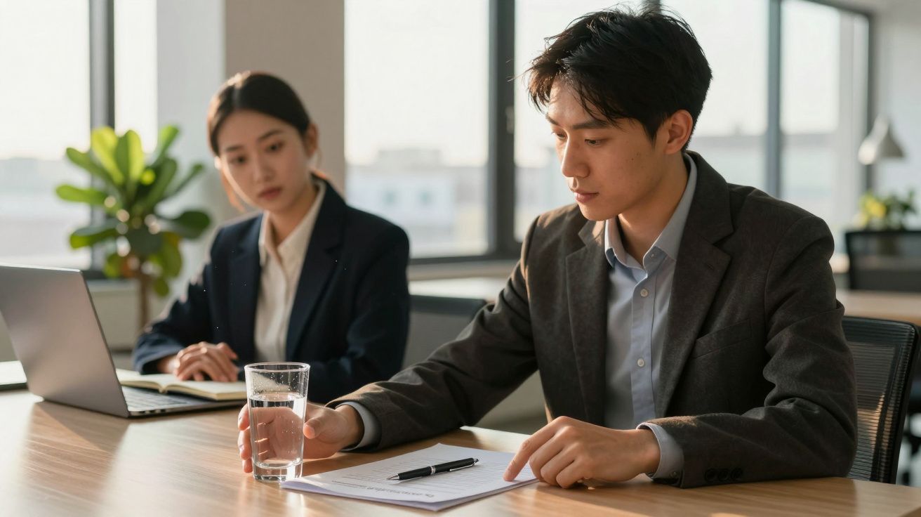 Homem e mulher em reunião de trabalho em escritório moderno, com documentos e laptop na mesa.