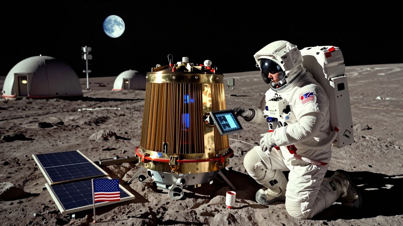 Astronauta americano na superfície lunar ao lado de equipamento científico, com a Terra visível no céu escuro.