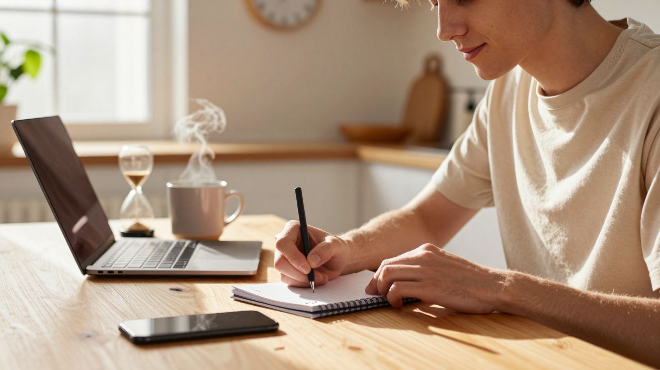 Pessoa a escrever num caderno com computador portátil, telemóvel e chá quente numa mesa de madeira em casa.