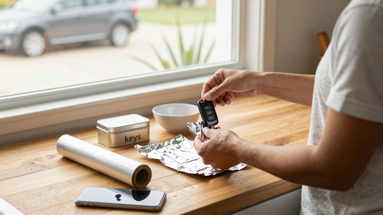Pessoa a limpar comandos de carro com papel de alumínio num balcão junto a uma janela.