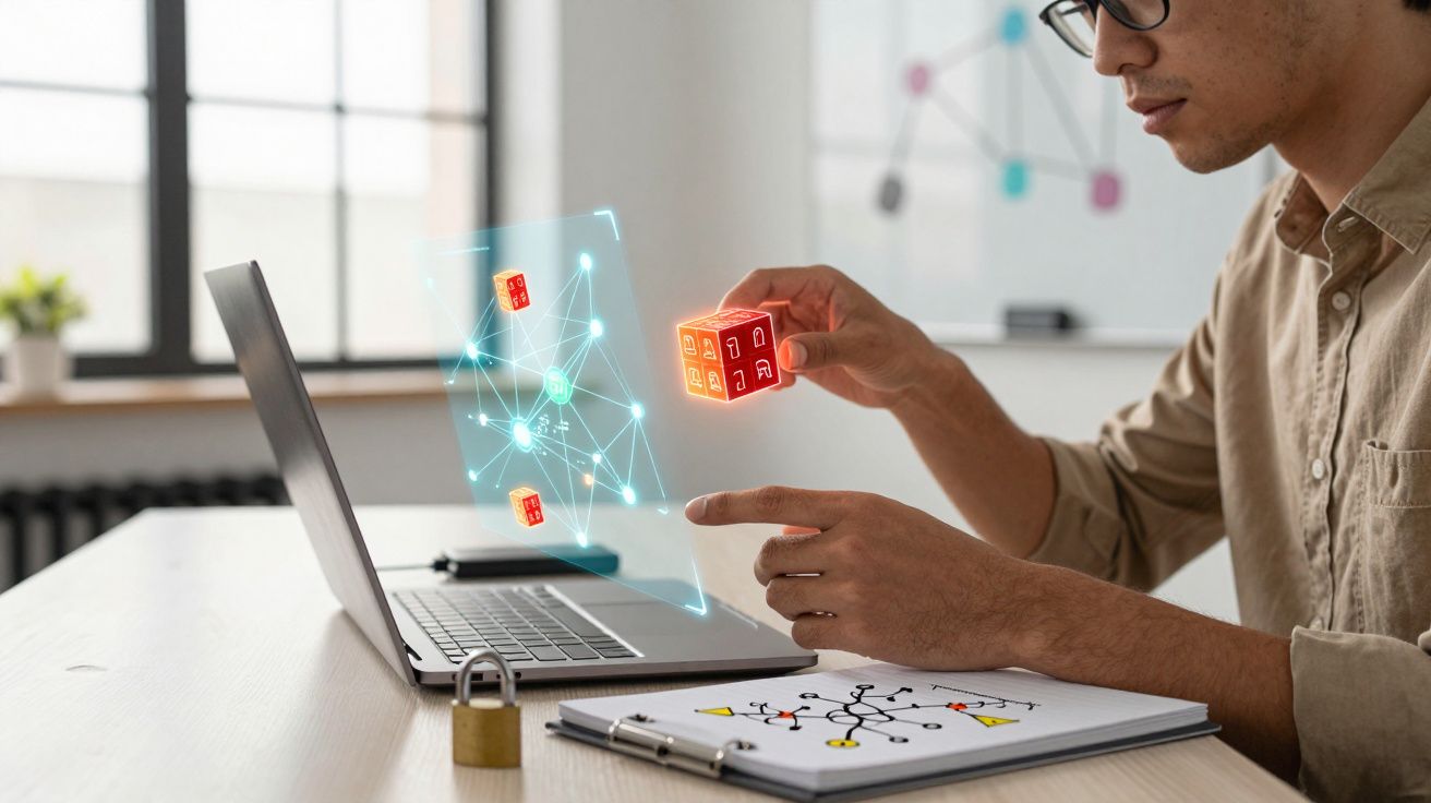 Pessoa a interagir com holograma digital de cadeado e dados, sentado à secretária com portátil aberto.