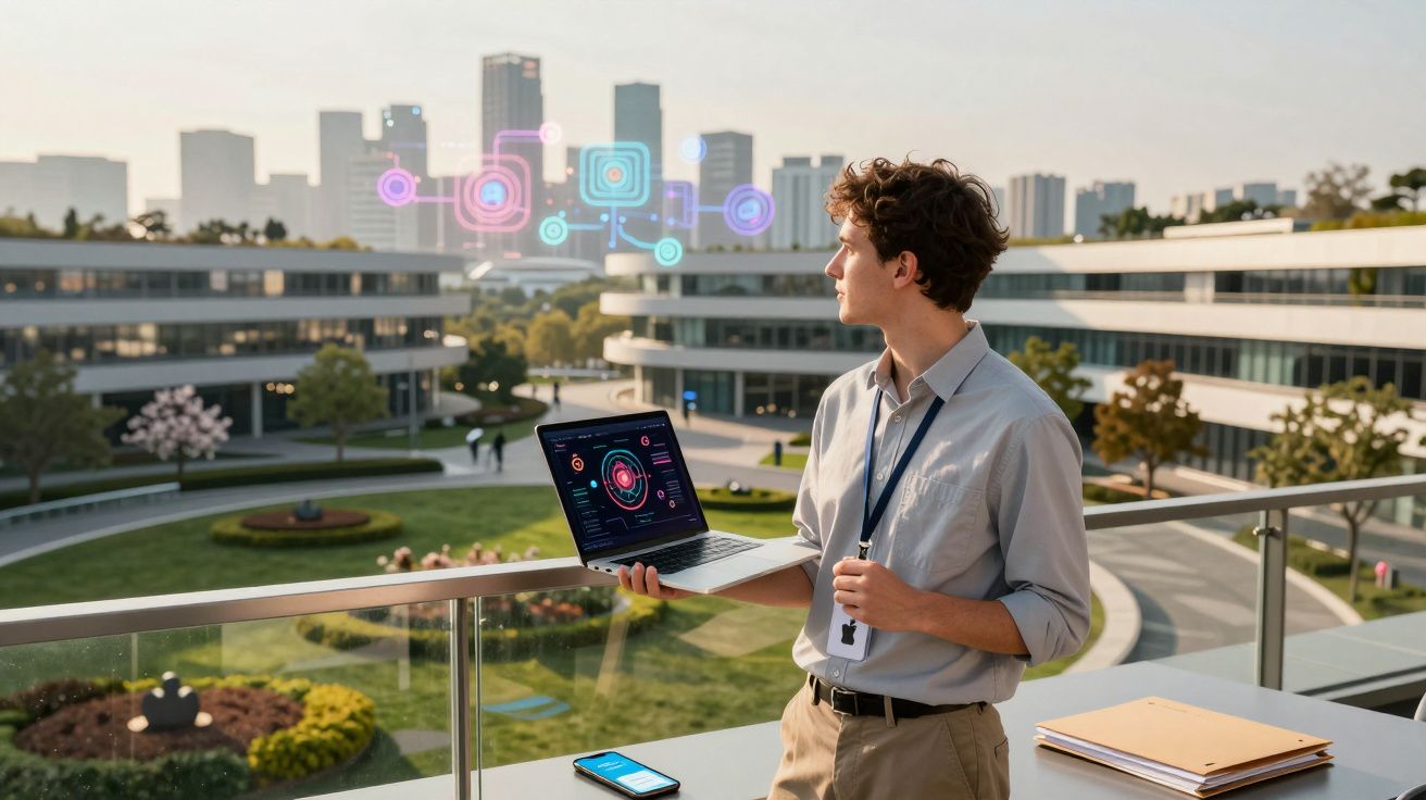 Homem com laptop e smartphone num terraço, com gráficos digitais e edifícios modernos ao fundo.