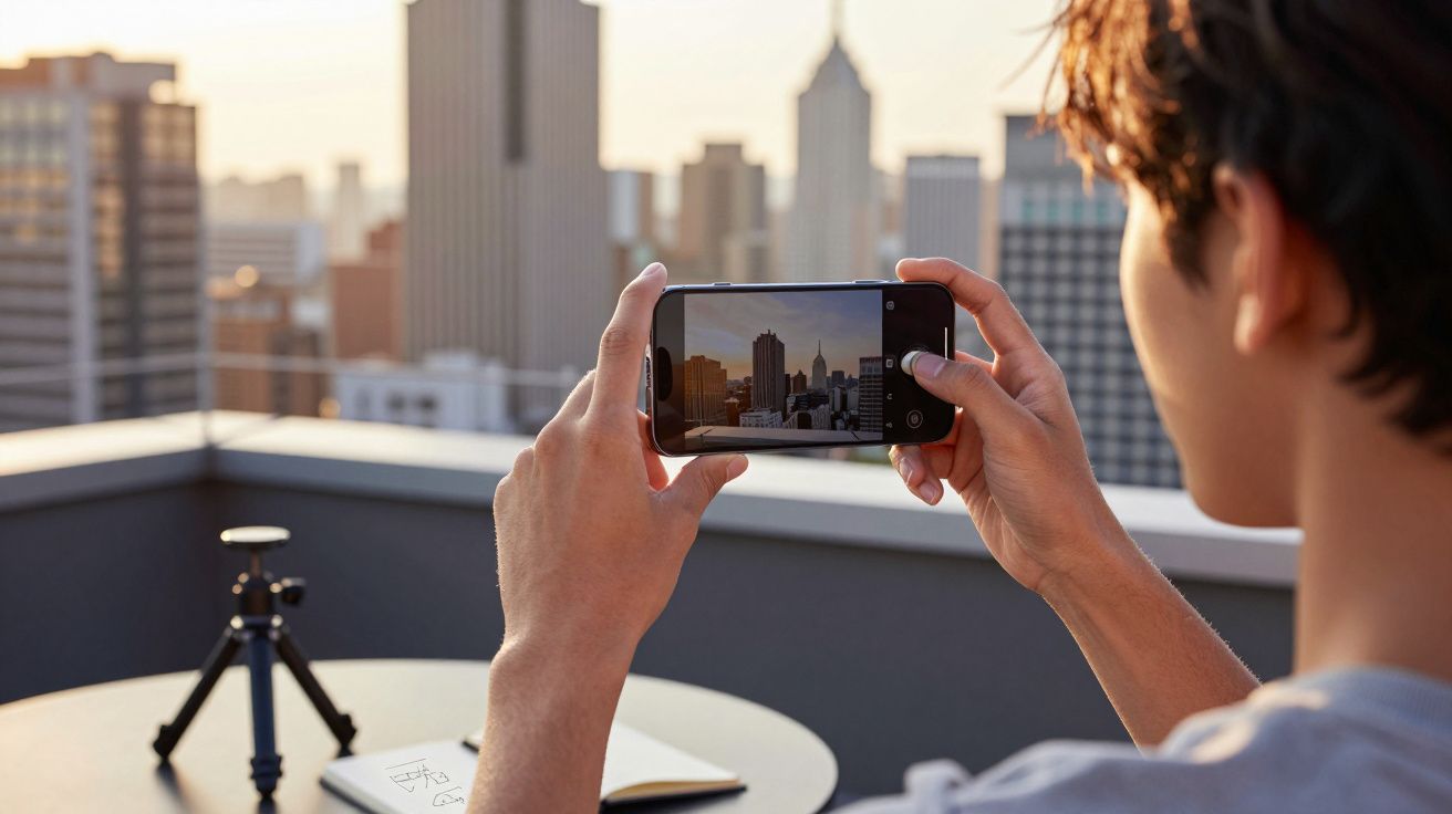 Pessoa a tirar foto de edifícios altos numa cidade através do telemóvel num terraço ao pôr do sol.