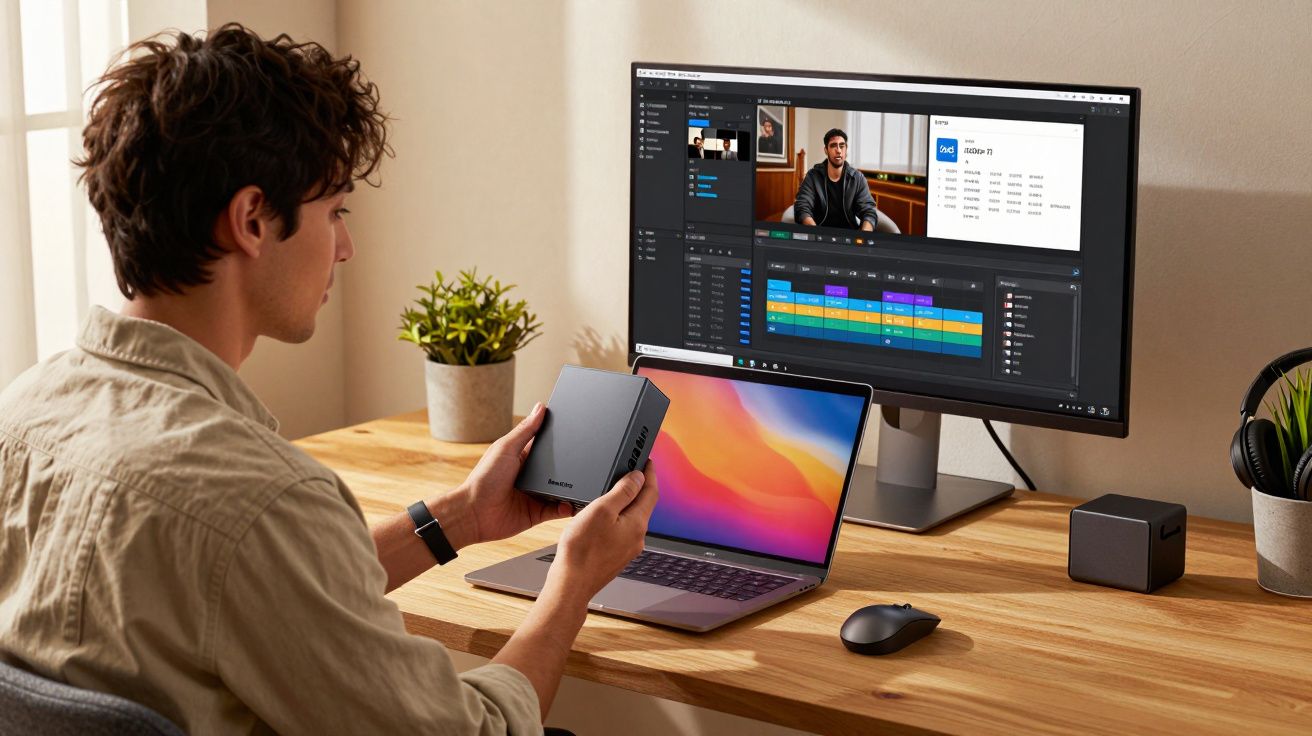 Jovem a trabalhar edição de vídeo num ambiente doméstico com portátil, monitor e acessórios na secretária de madeira.