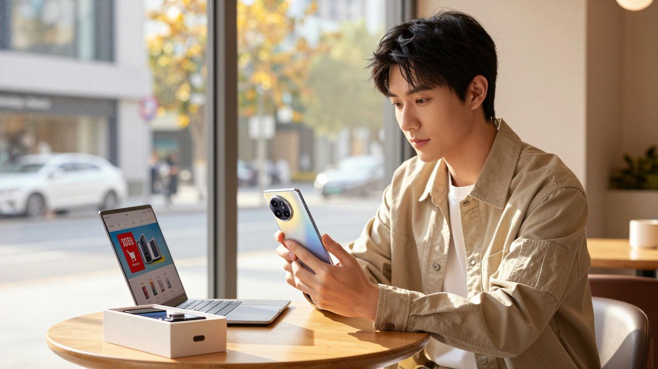 Homem sentado numa mesa a olhar para o ecrã de um smartphone com portátil aberto à frente, numa cafetaria.