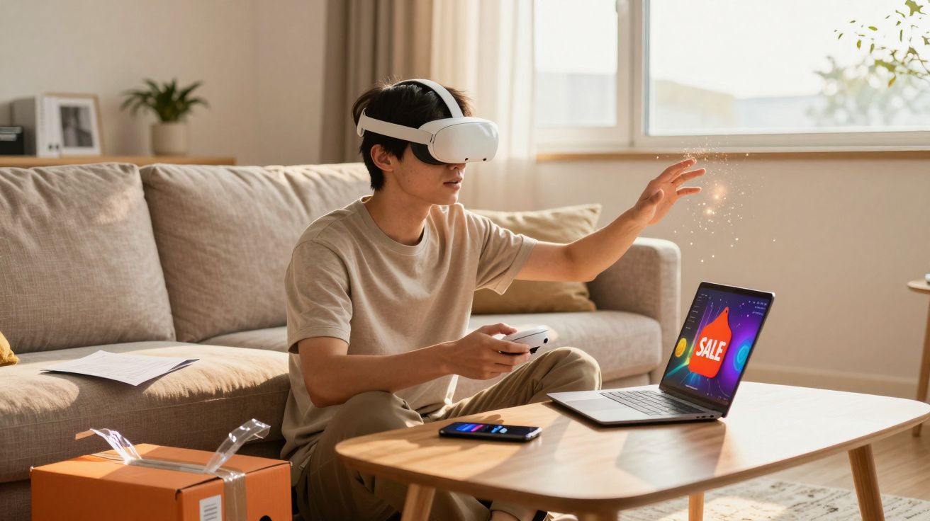 Jovem sentado na sala com óculos de realidade virtual e controlo, interagindo com laptop e smartphone numa mesa.