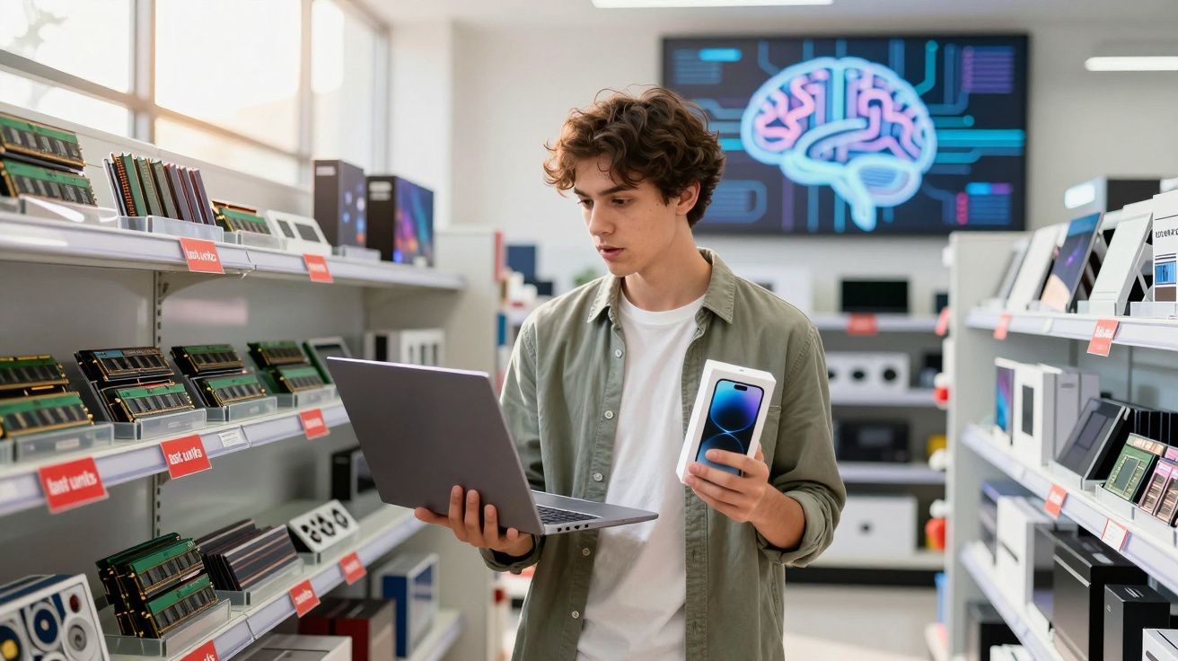 Jovem segurando portátil e caixa de smartphone numa loja de tecnologia com prateleiras de memória RAM.