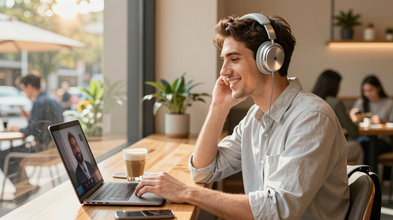 Homem com headphones sorri durante videochamada no café, com bebida e telemóvel ao lado.