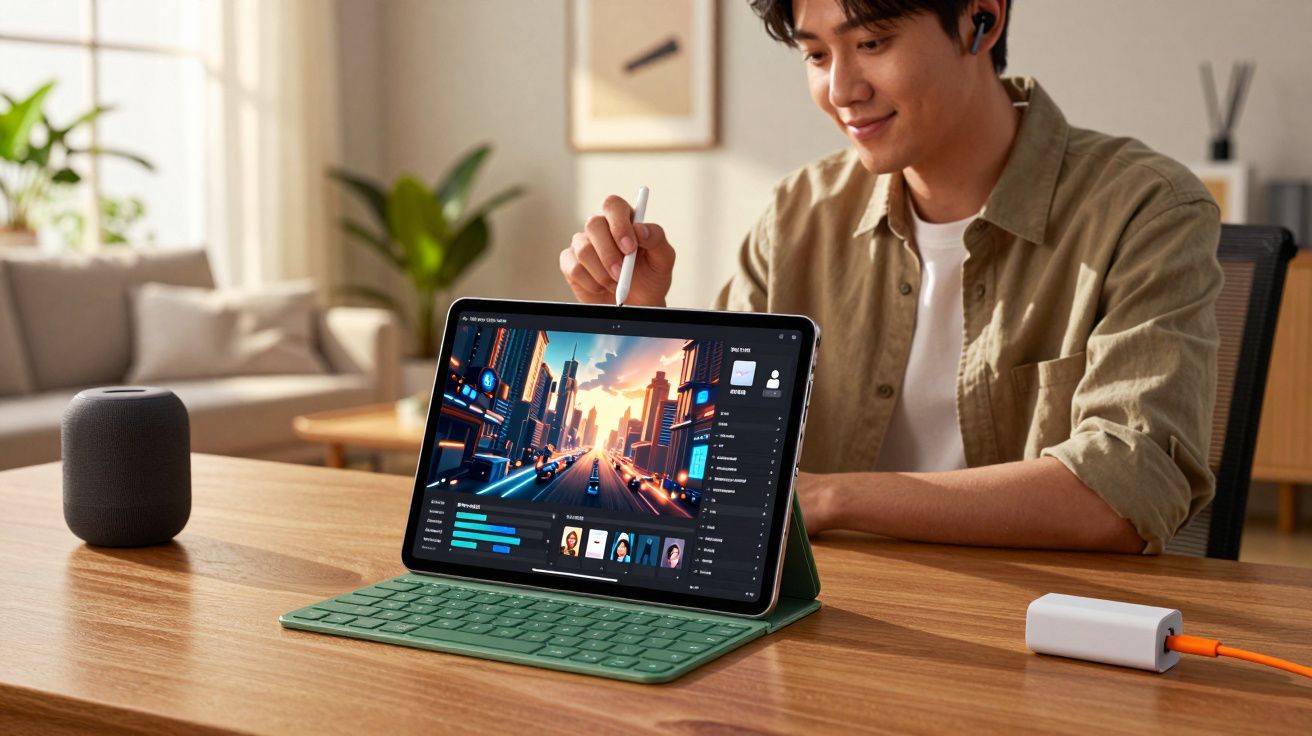 Pessoa a desenhar numa tablet com teclado verde numa mesa de madeira numa sala iluminada.