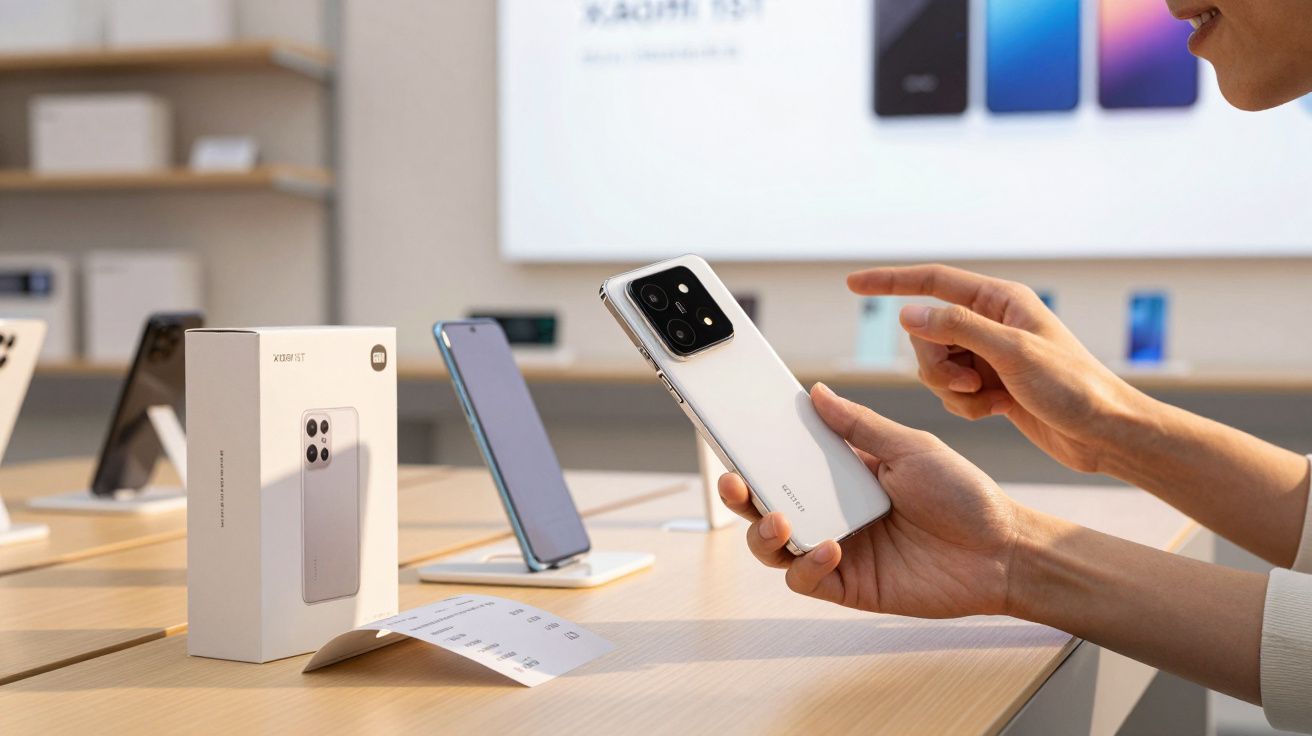 Pessoa segura smartphone branco Xiaomi numa loja com outros telemóveis em exposição e embalagem na mesa.
