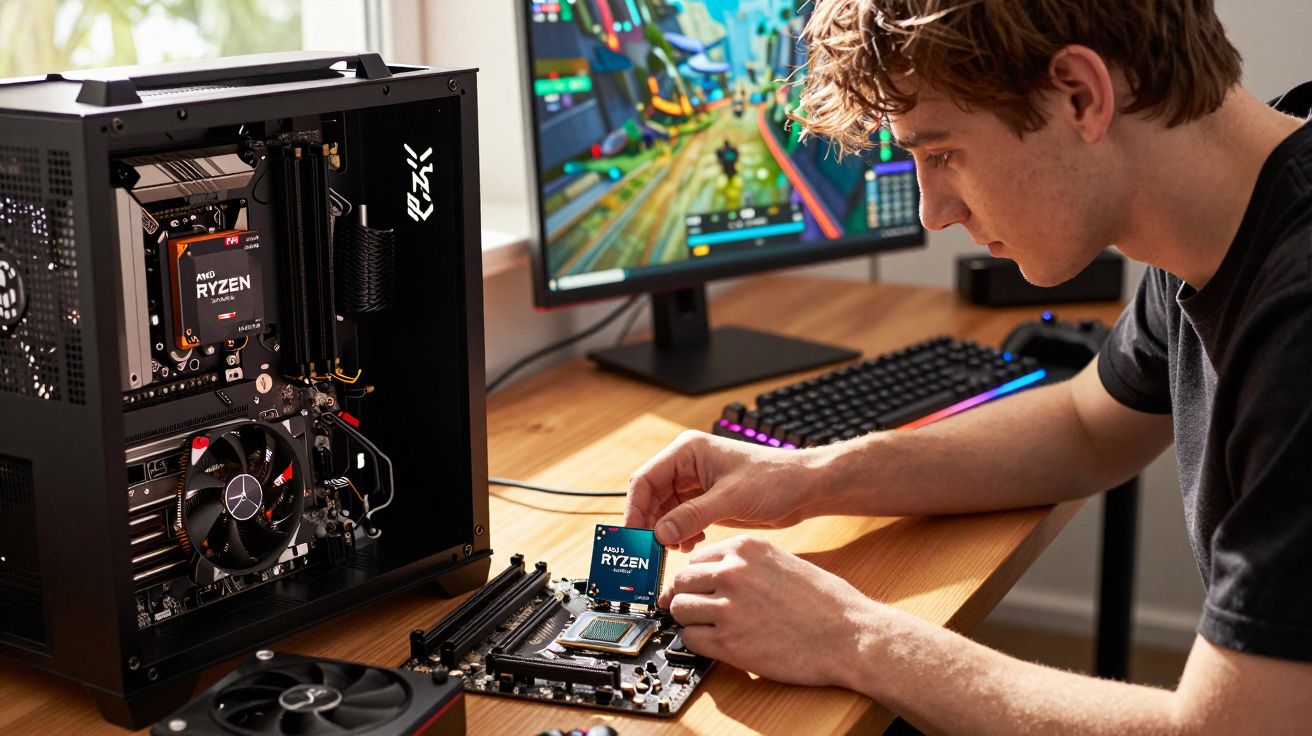 Jovem instala processador AMD Ryzen numa motherboard à frente de computador e monitor com jogo no ecrã.