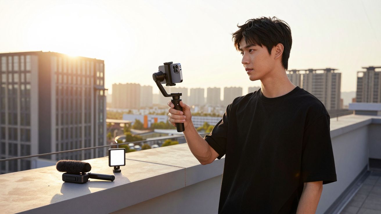 Jovem com t-shirt preta grava vídeo com telemóvel estabilizado num suporte ao ar livre, no topo de um edifício ao pôr do sol.