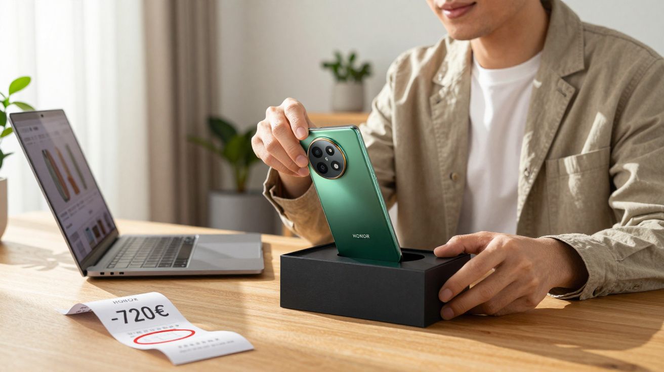 Pessoa a tirar um telemóvel HONOR verde de uma caixa preta numa mesa com portátil e recibo de desconto.