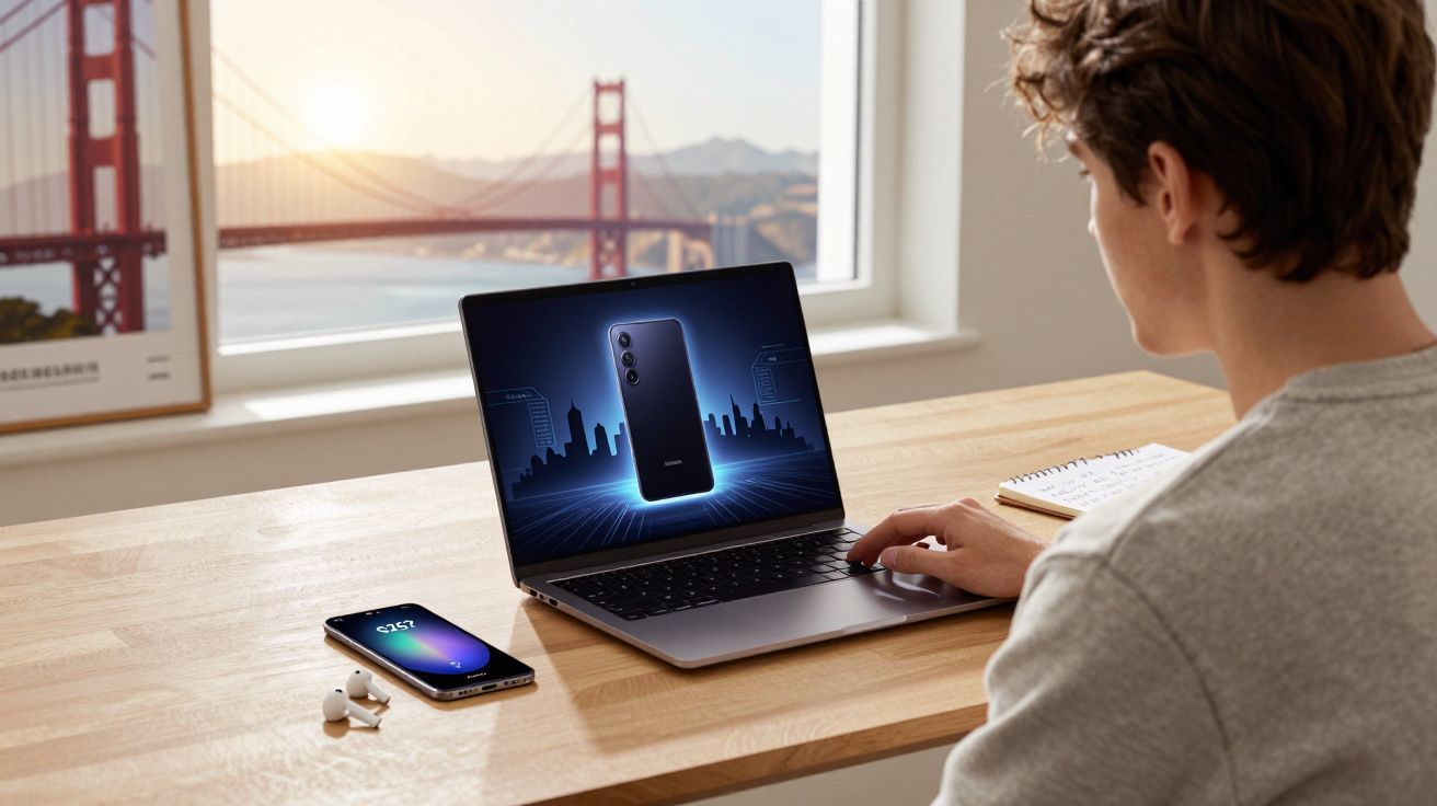 Pessoa sentada à mesa a usar portátil com imagem de telefone, junto a telemóvel e auriculares sem fios.