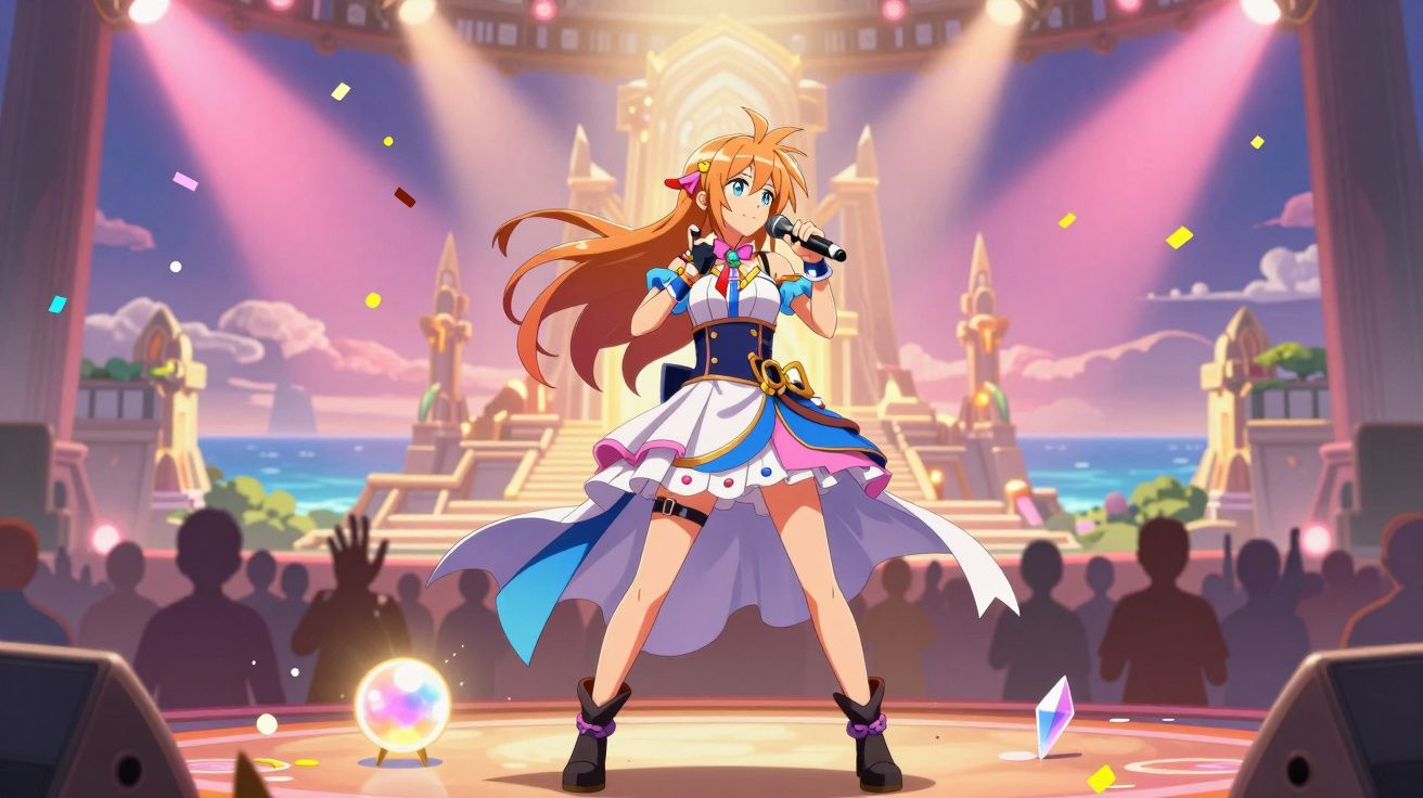 Personagem de anime a cantar num palco luminoso com público e cenário de templo e mar ao fundo.
