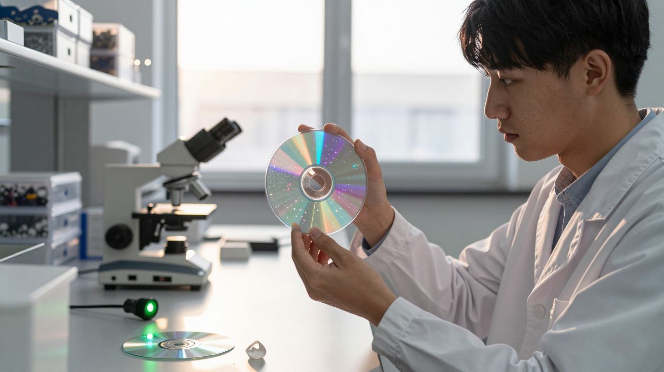 Homem de bata branca examina um CD num laboratório com microscópio e equipamento científico num ambiente claro.