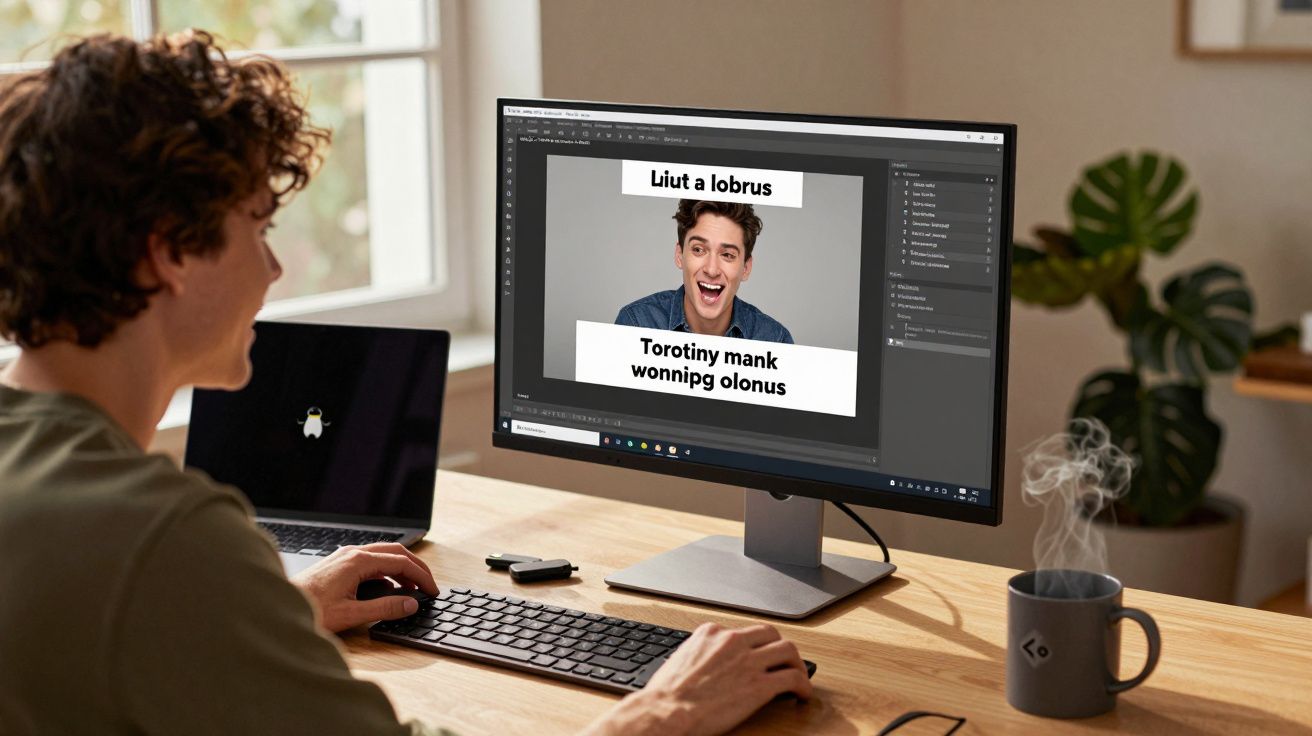 Pessoa sentada a editar imagem num computador num ambiente luminoso com chá ou café fumegante numa caneca cinzenta.