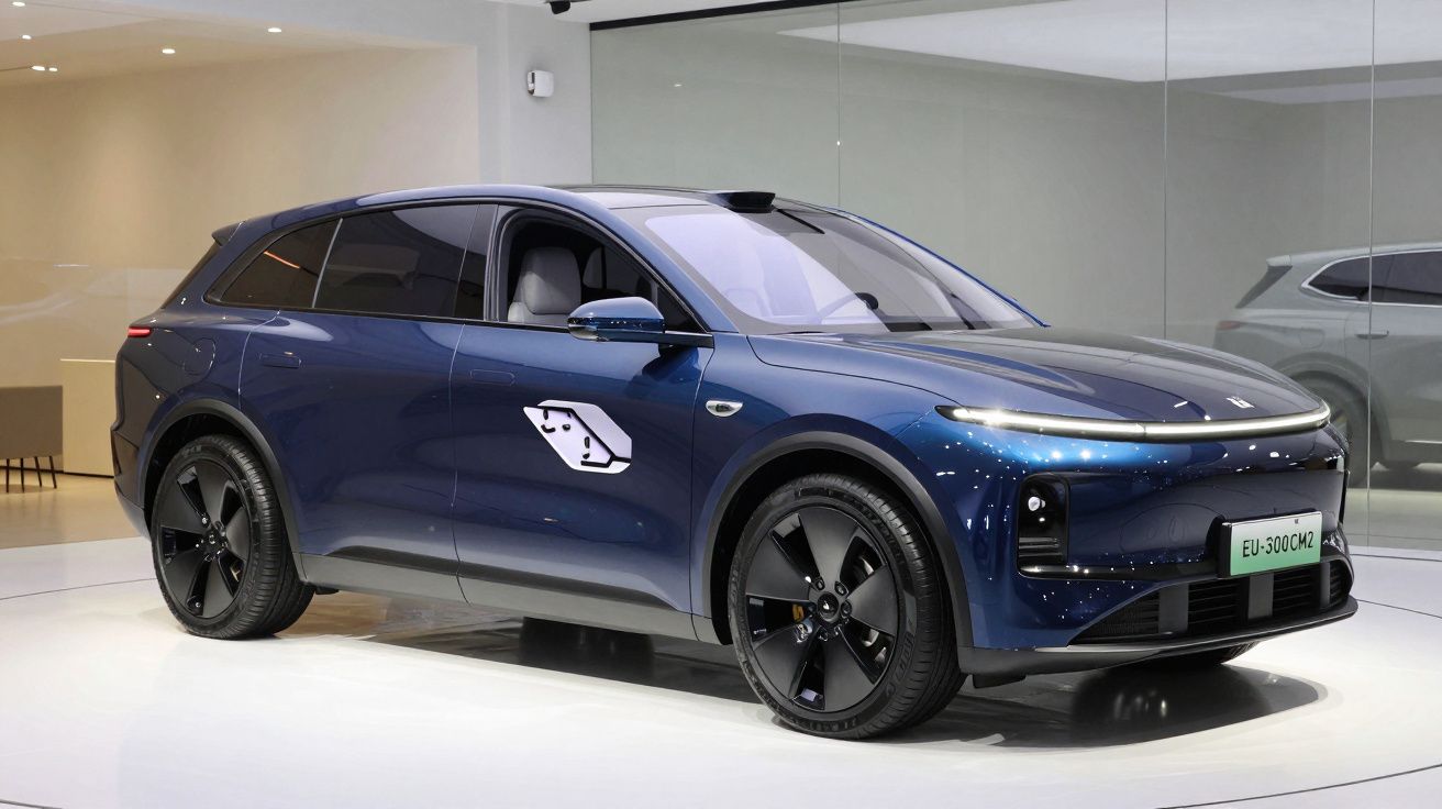 Carro elétrico azul escuro com design moderno exposto em sala com paredes de vidro e chão branco.