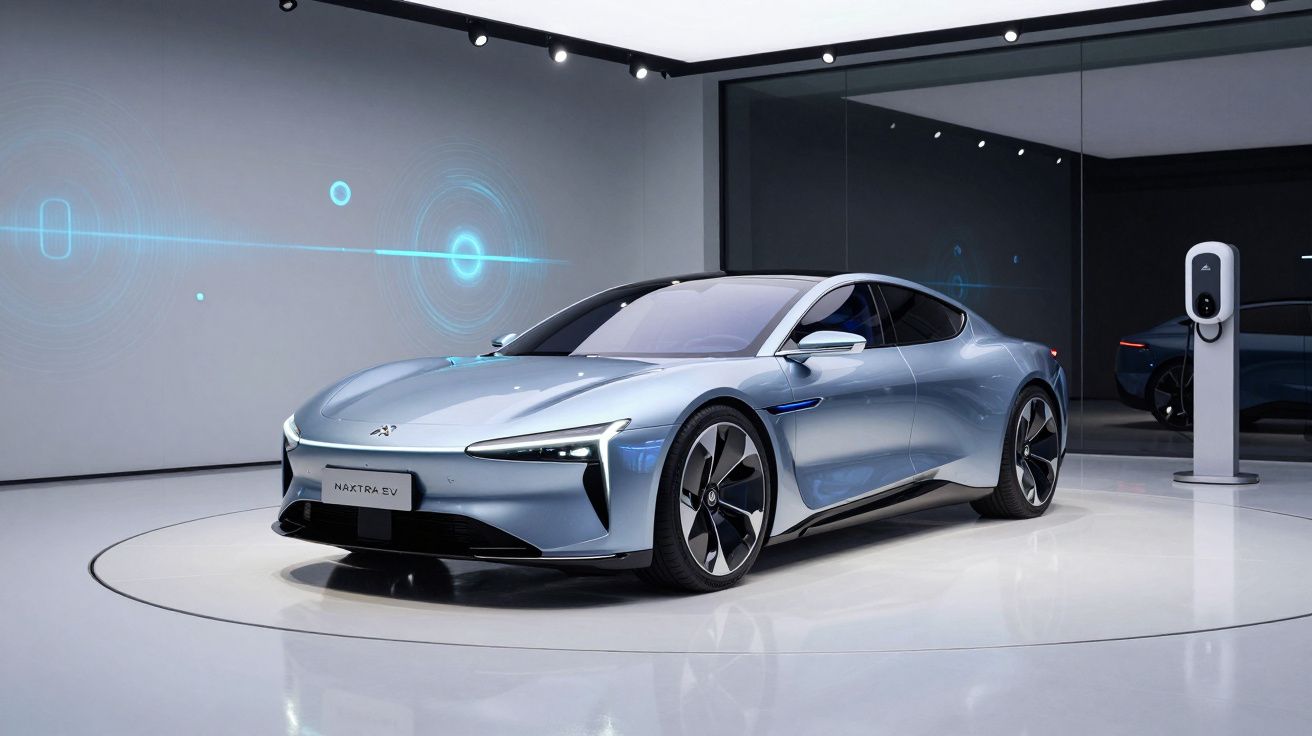 Carro elétrico futurista cinza azul Naxtra EV numa sala moderna com estação de carregamento e ecrã digital.