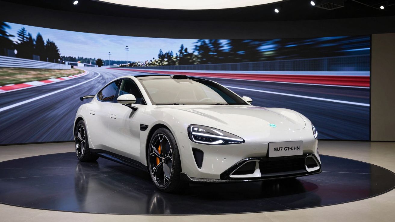 Carro desportivo branco exposto em plataforma circular com ecrã curvo de pista de corrida ao fundo.