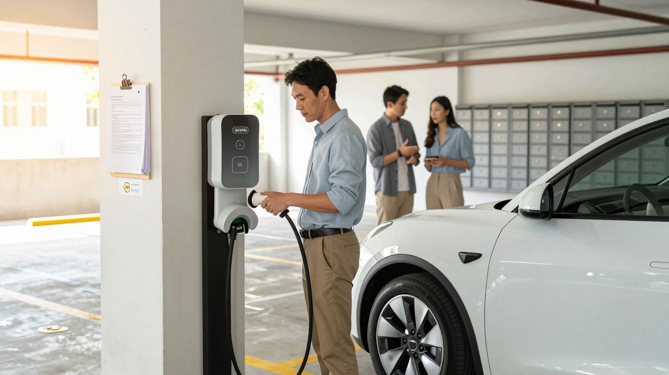 Homem a carregar um carro elétrico branco numa estação de carregamento num parque de estacionamento interior.