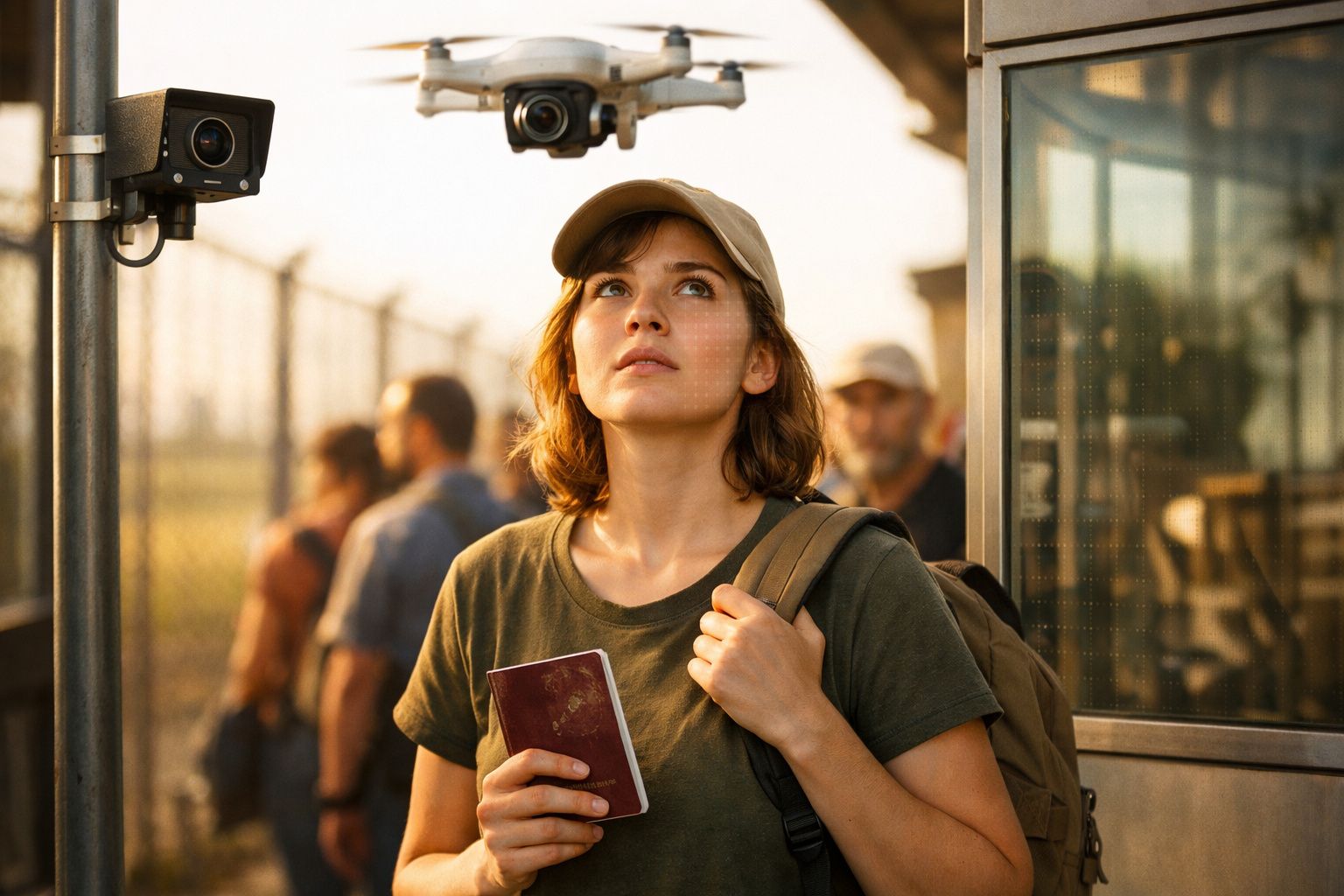 Mulher com boné e mochila segura passaporte enquanto olha para câmaras de vigilância num controlo fronteiriço.
