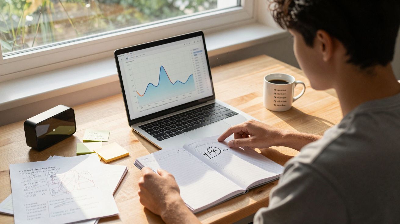 Pessoa a analisar gráficos num computador portátil, com caderno aberto e documentos numa secretária junto à janela.
