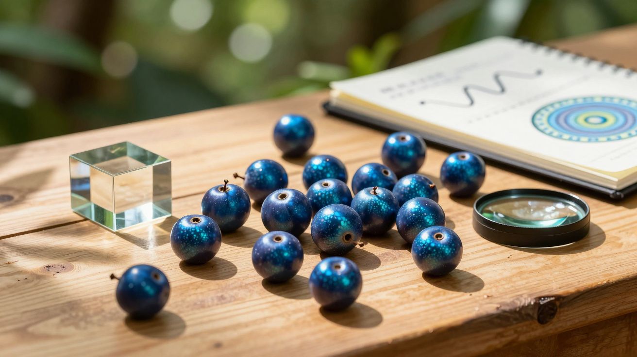 Contas azuis brilhantes sobre mesa de madeira com bloco de notas, lupa e cubo de vidro.