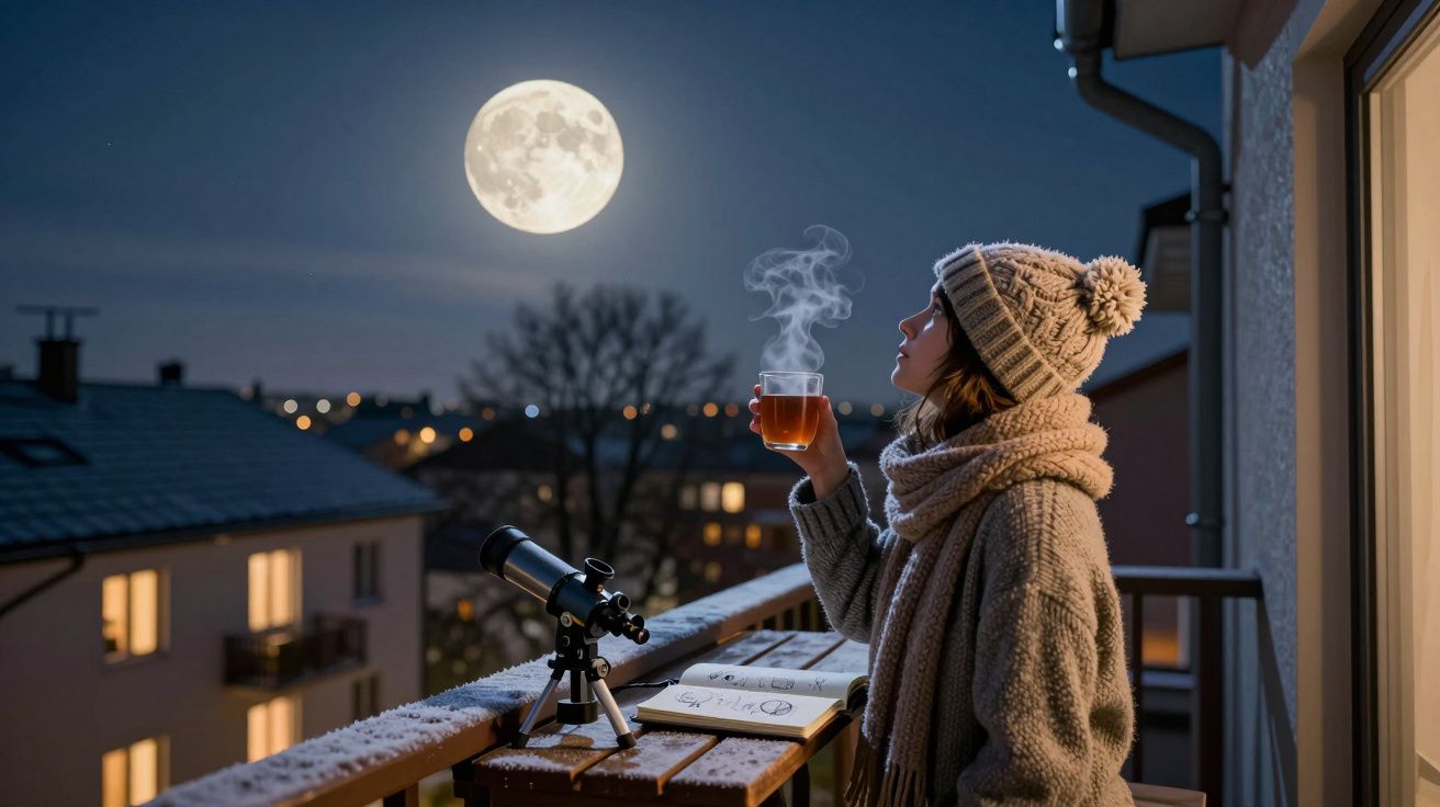 Mulher com roupa quente observa a lua cheia enquanto segura chá fumegante numa varanda à noite.