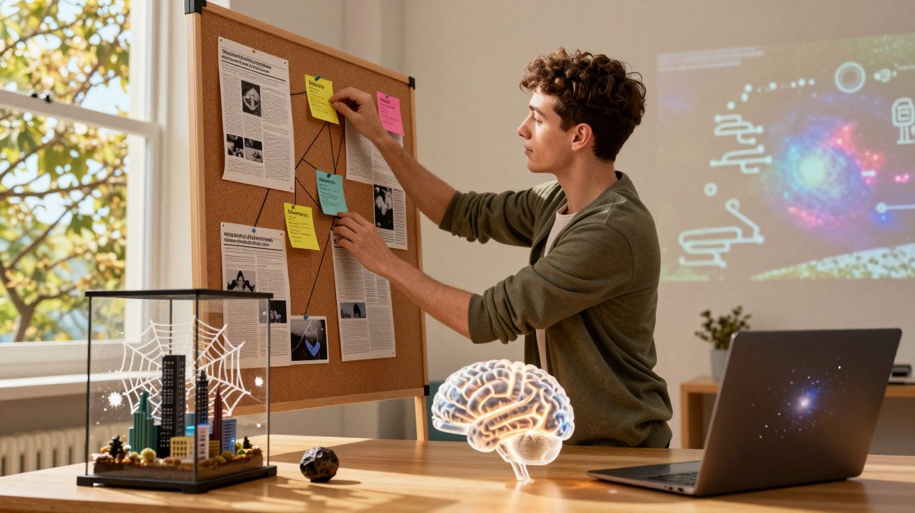 Homem organiza notas coloridas num quadro de cortiça num espaço com laptop e holograma de cérebro.