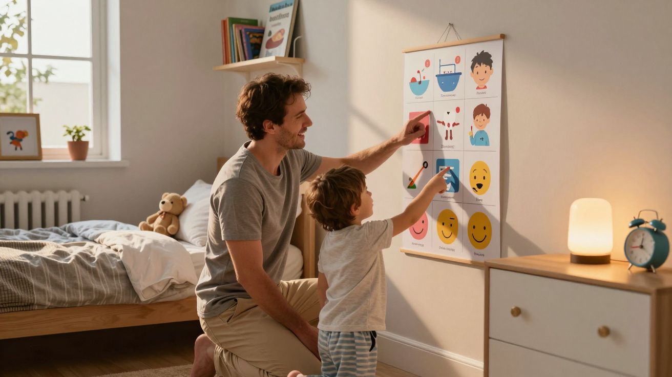 Pai e filho interagem com cartaz educativo sobre emoções e rotinas na parede do quarto infantil.