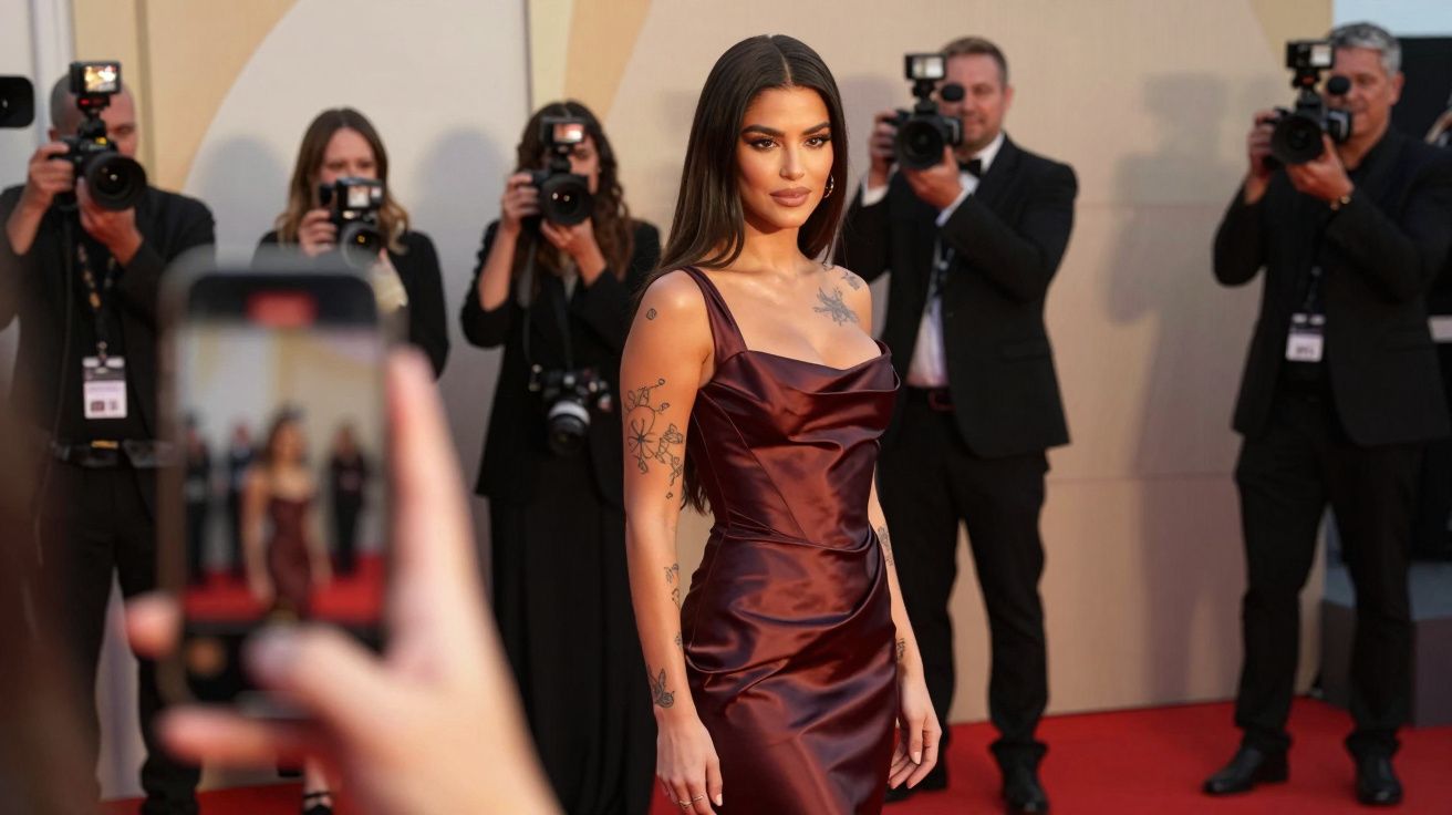 Mulher elegante em vestido vermelho num tapete vermelho, rodeada de fotógrafos a tirar fotos.