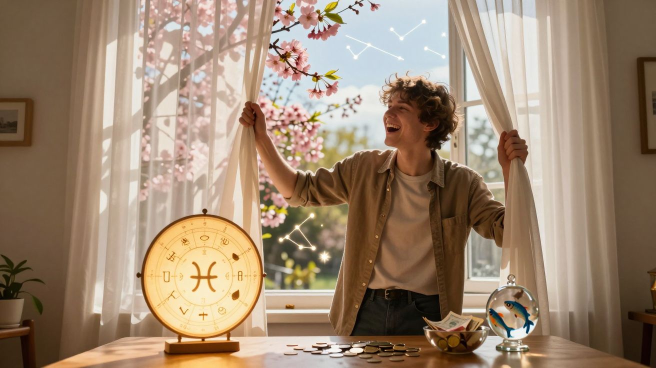 Jovem a sorrir junto a janela aberta com símbolos de signos do zodíaco e flores de cerejeira à vista.