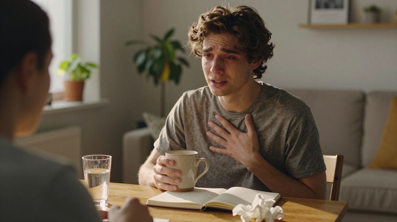 Homem jovem emocionado com lágrima no rosto, segurando chá, sentado à mesa com livro aberto e lenços usados.