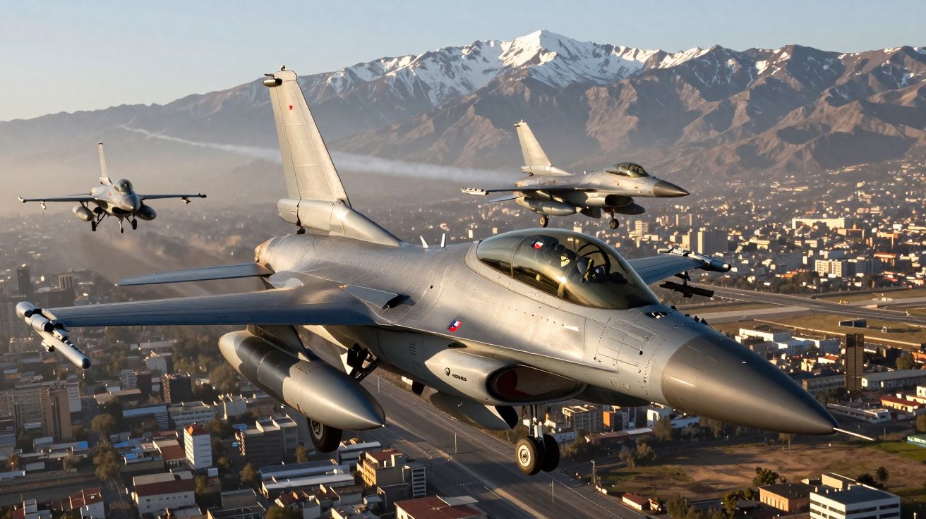 Três aviões militares de combate a jato voando sobre uma cidade com montanhas nevadas ao fundo ao pôr do sol.